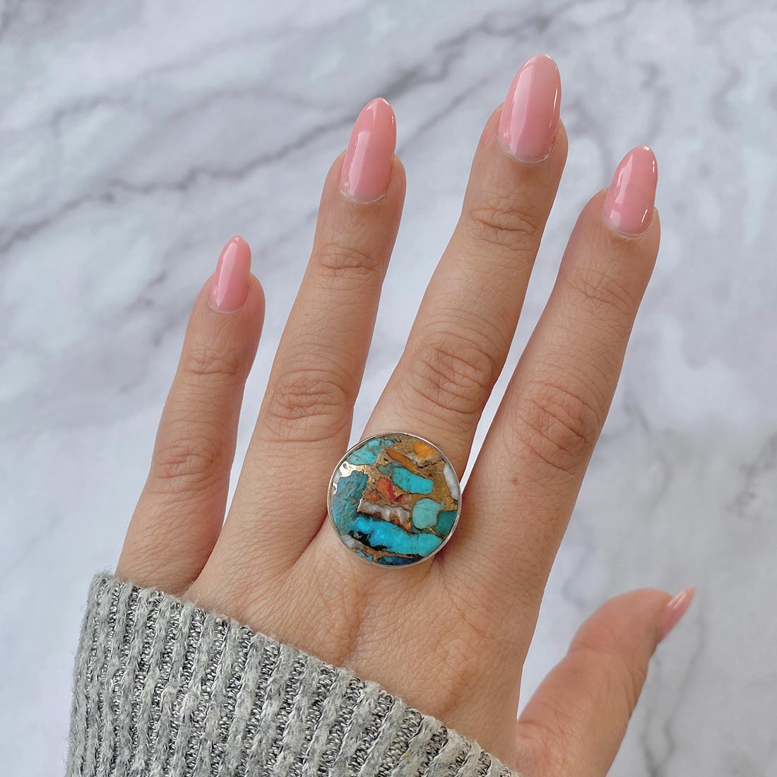 Spiny Oyster Turquoise Adjustable Ring-(TRO-R-20.)