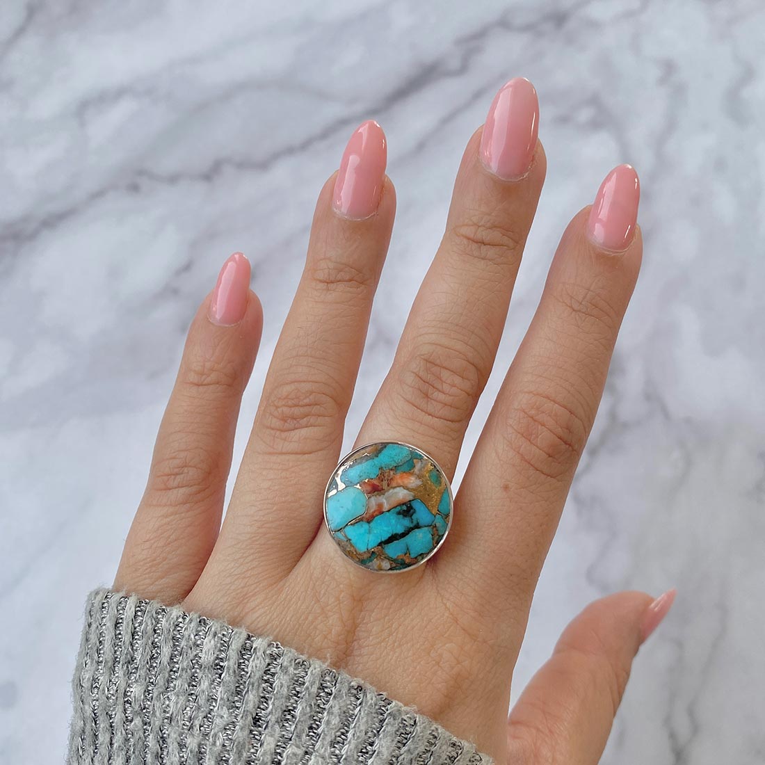 Spiny Oyster Turquoise Adjustable Ring-(TRO-R-21.)