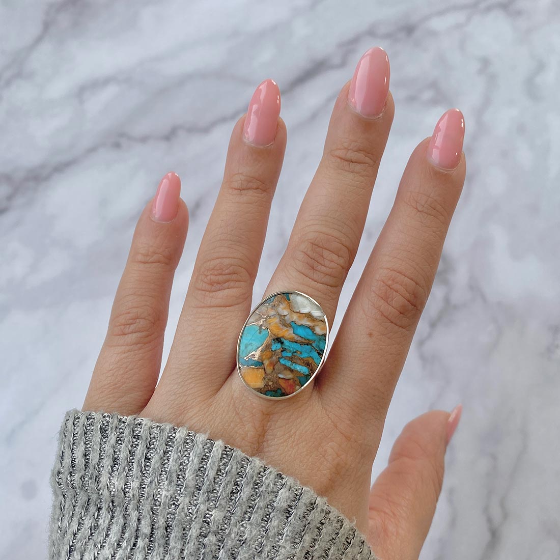 Spiny Oyster Turquoise Adjustable Ring-(TRO-R-25.)