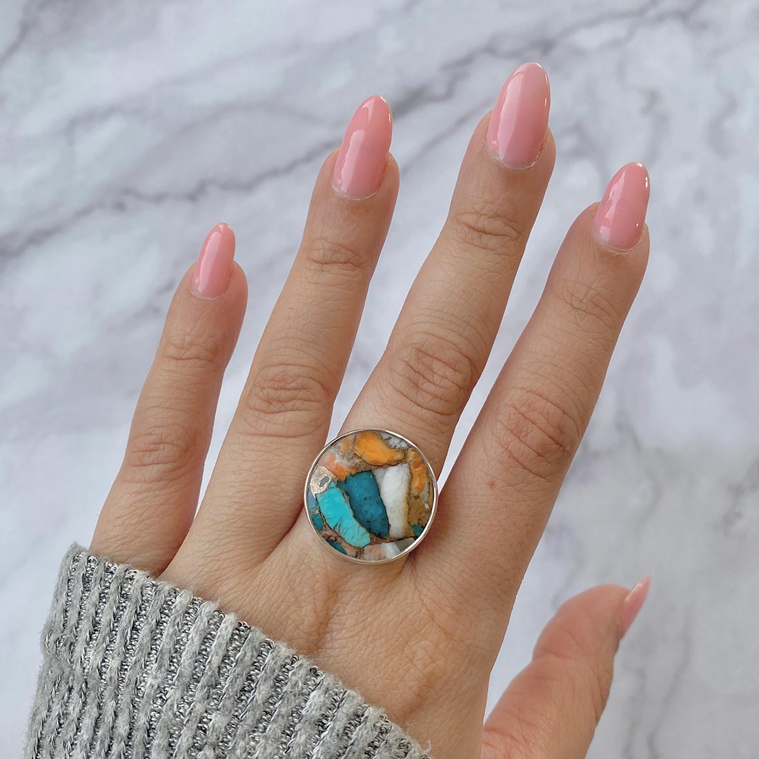 Spiny Oyster Turquoise Adjustable Ring-(TRO-R-28.)