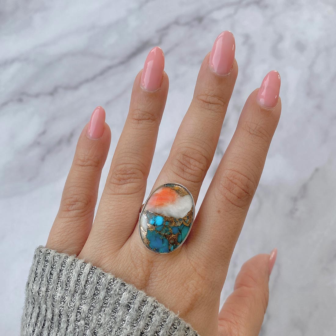 Spiny Oyster Turquoise Adjustable Ring-(TRO-R-32.)