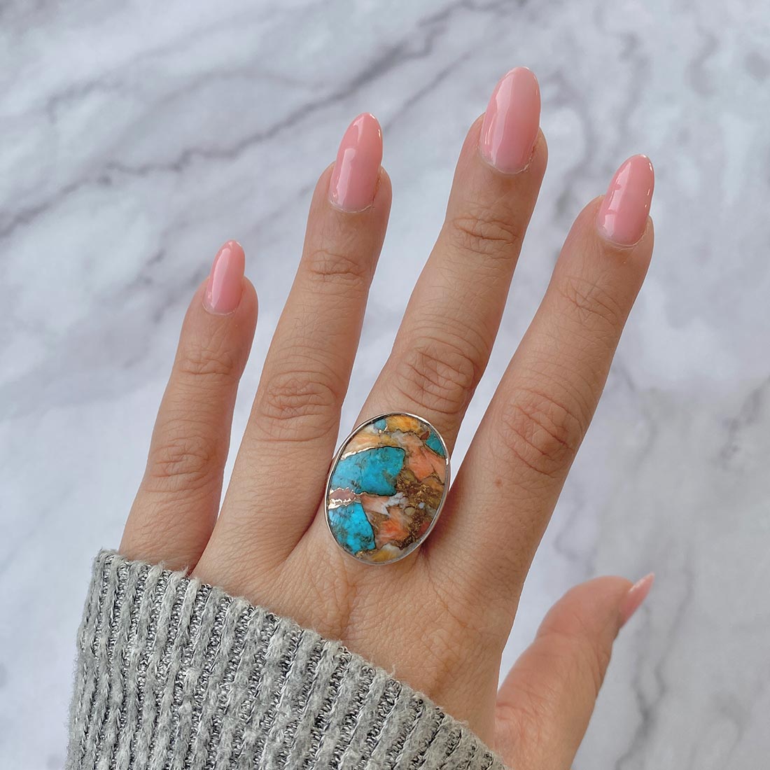 Spiny Oyster Turquoise Adjustable Ring-(TRO-R-33.)