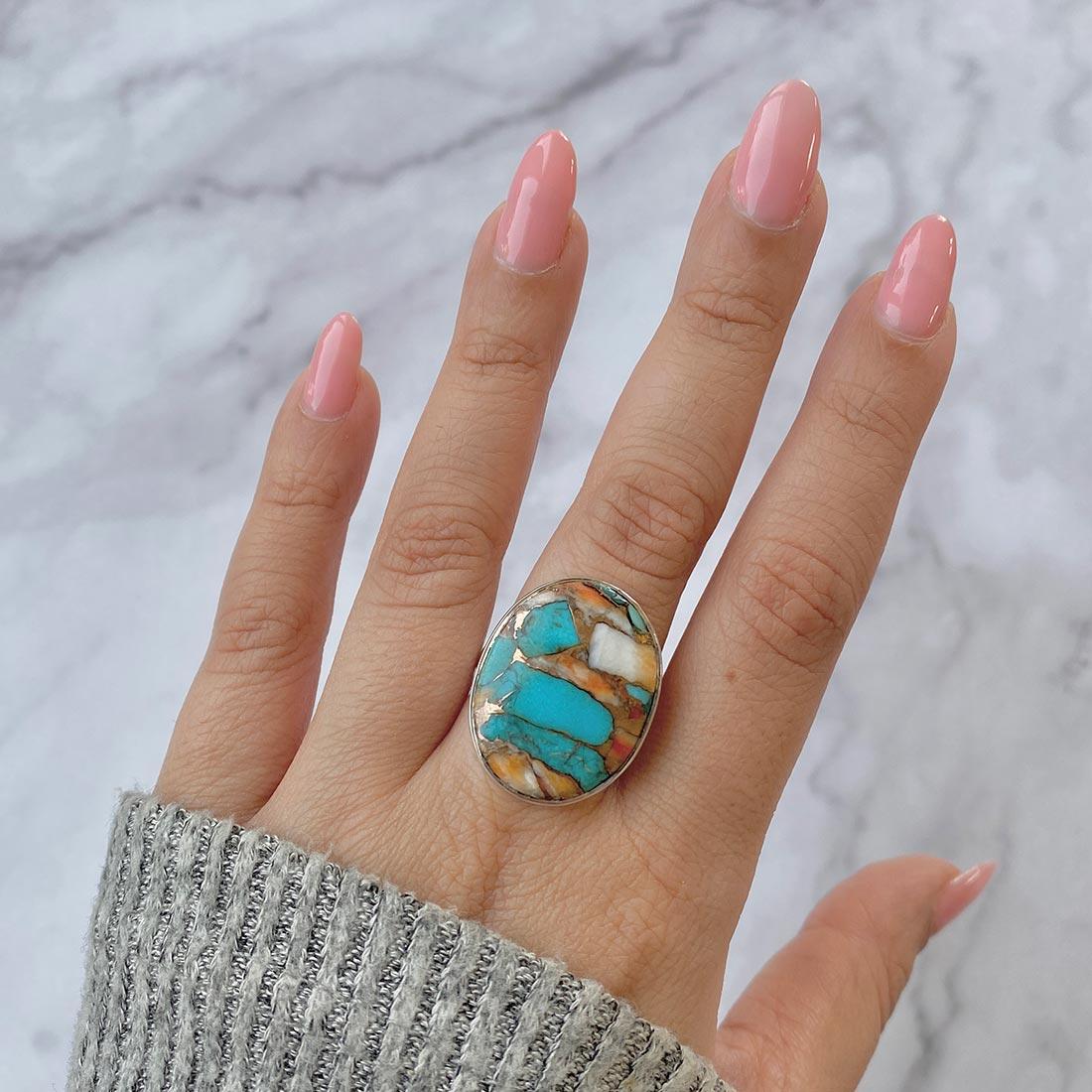 Spiny Oyster Turquoise Adjustable Ring-(TRO-R-36.)