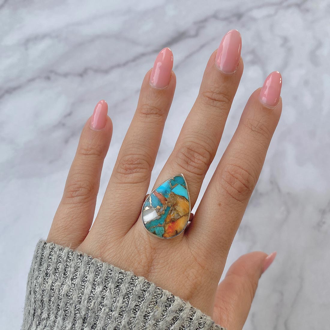 Spiny Oyster Turquoise Adjustable Ring-(TRO-R-5.)