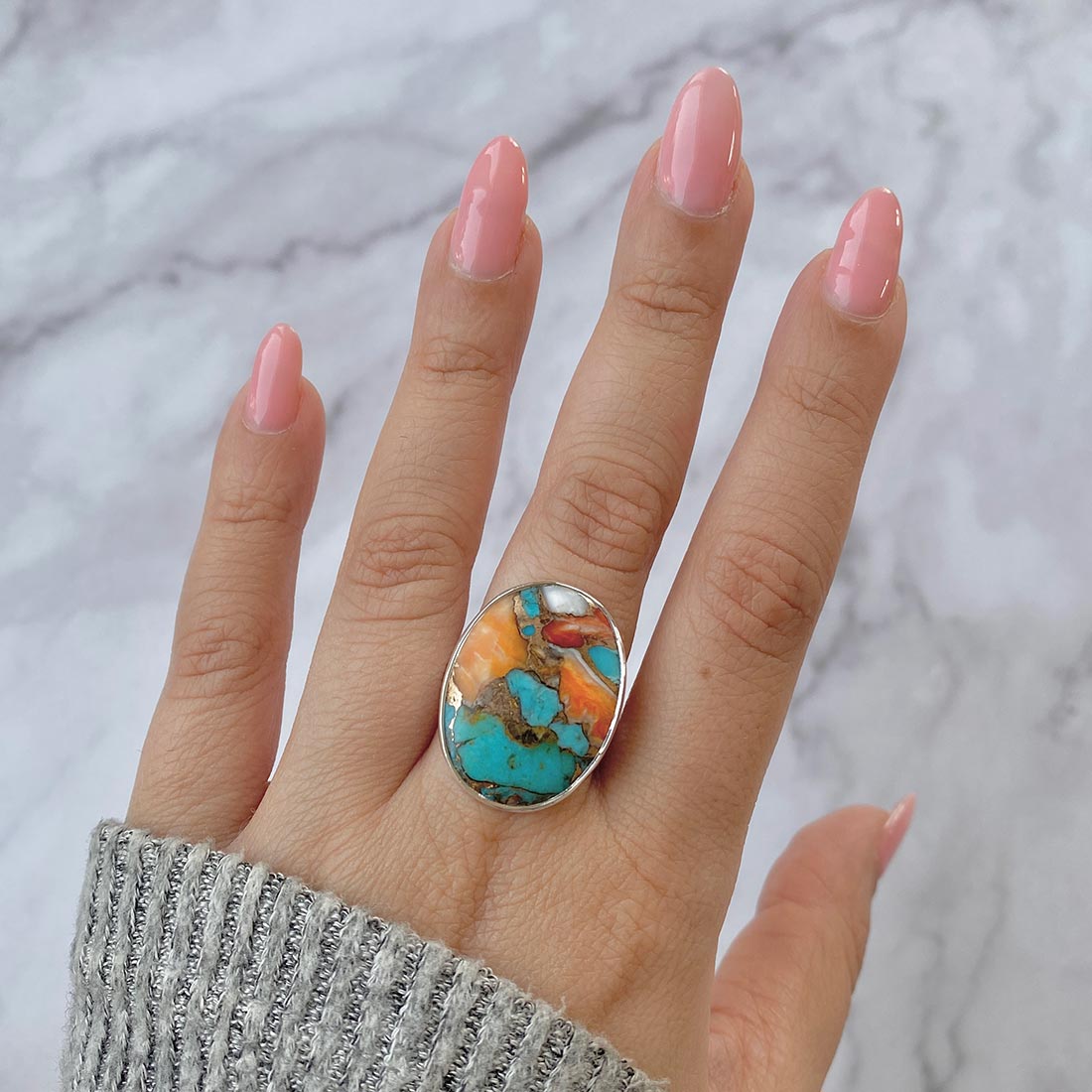 Spiny Oyster Turquoise Adjustable Ring-(TRO-R-7.)