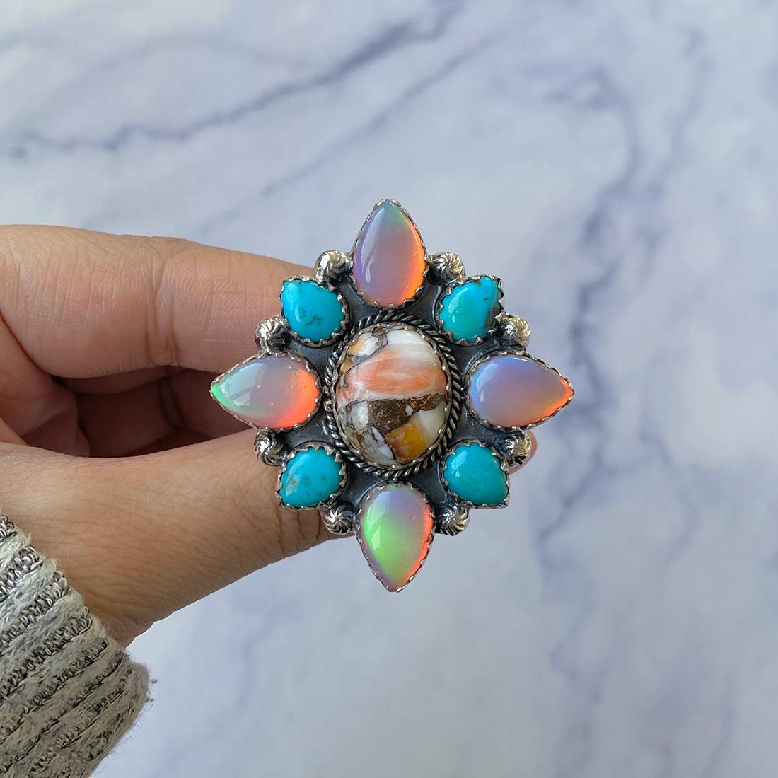 Turquoise And Aura Opal Flower Statement Adjustable Ring-(TRO-FLR-8.)