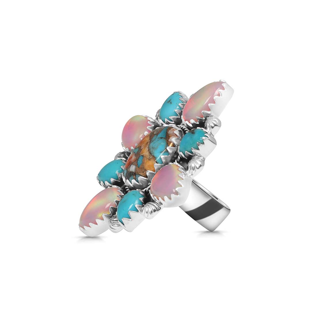 Turquoise And Aura Opal Flower Statement Adjustable Ring-(TRO-FLR-9.)