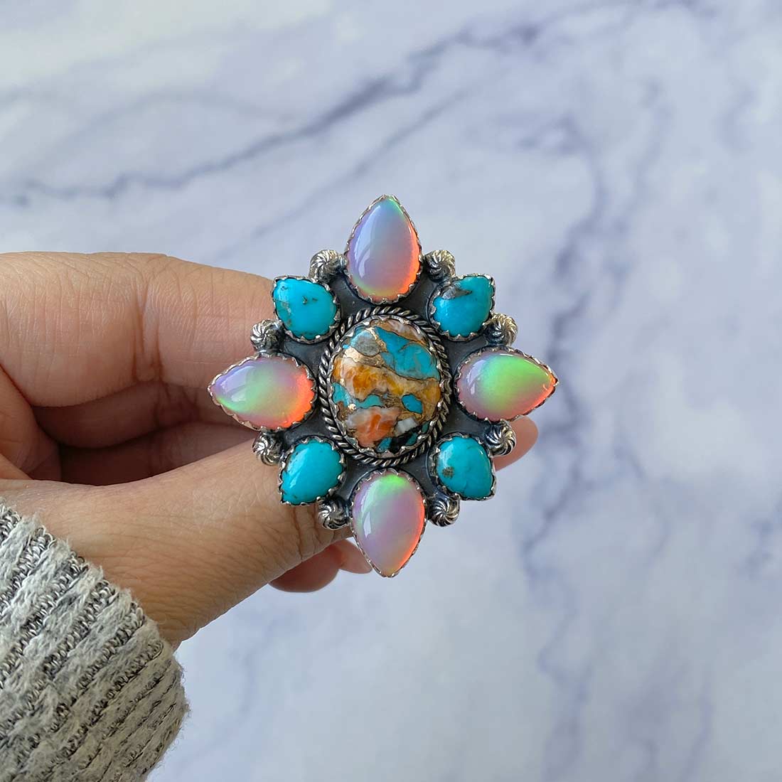 Turquoise And Aura Opal Flower Statement Adjustable Ring-(TRO-FLR-9.)