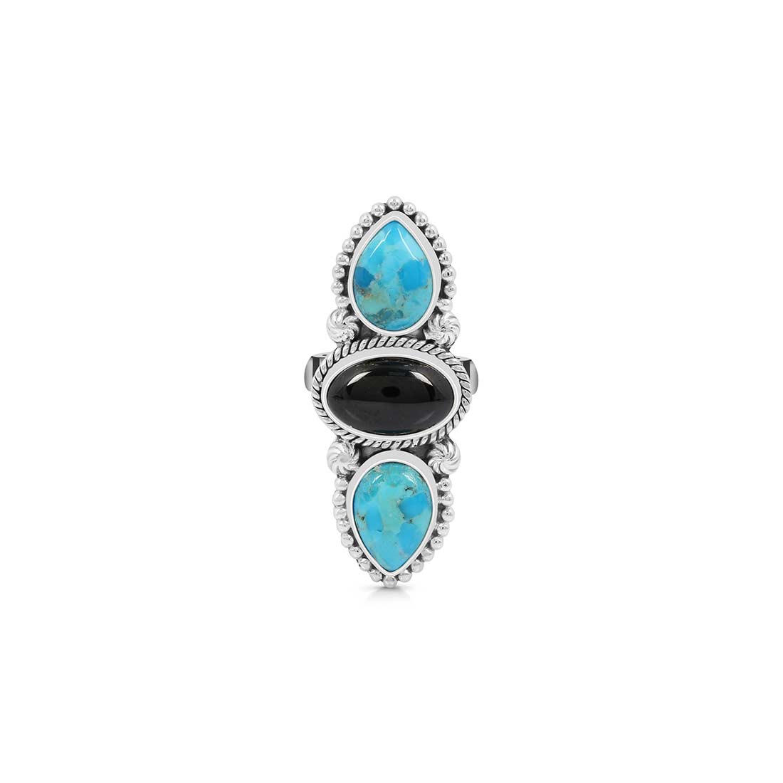 Turquoise And Black Onyx Adjustable Ring-(TRQ-CLS-7.)