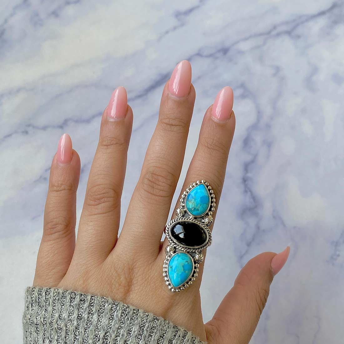 Turquoise And Black Onyx Adjustable Ring-(TRQ-CLS-7.)