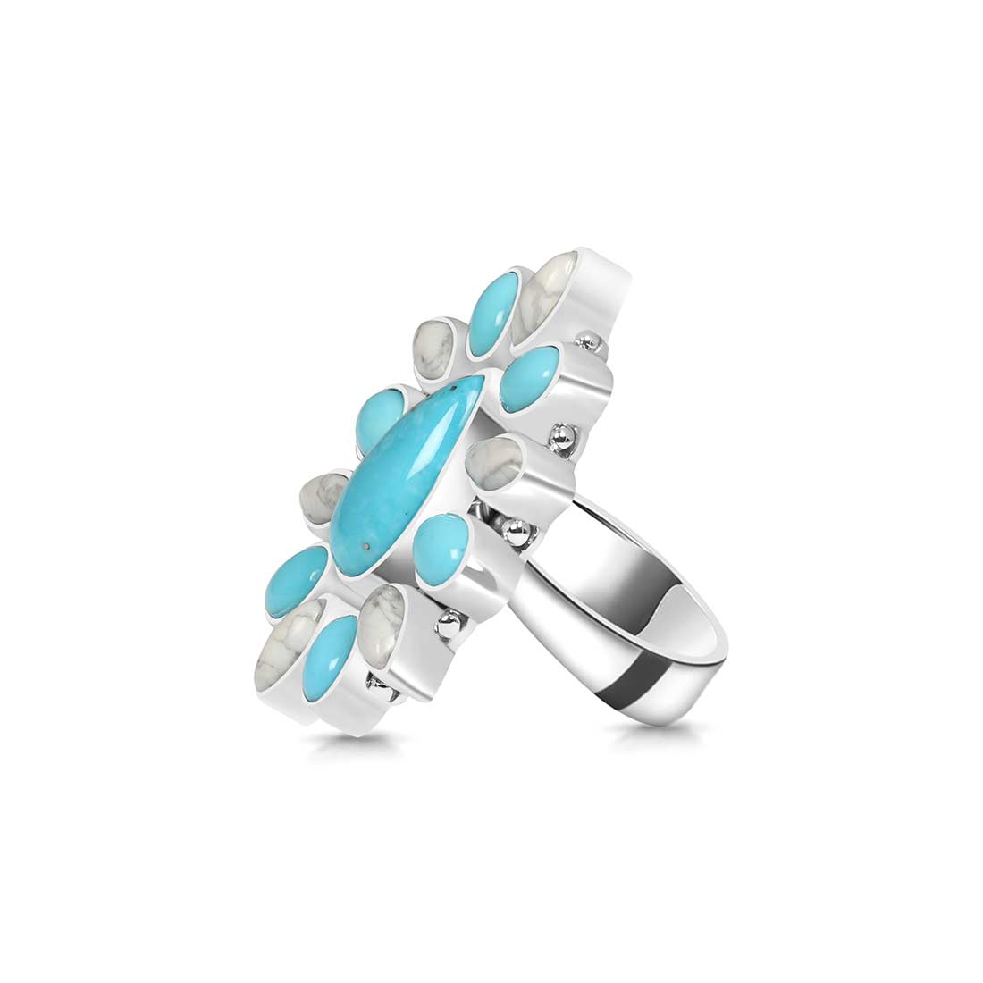 Turquoise And Howlite Flower Statement Adjustable Ring-(TRQ-FLR-12.)