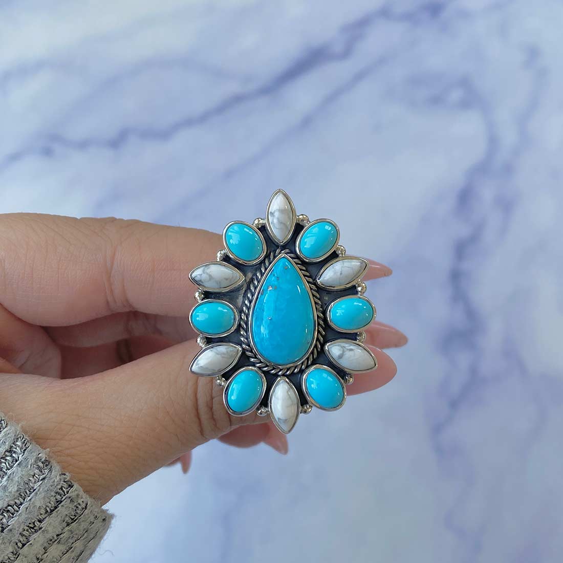 Turquoise And Howlite Flower Statement Adjustable Ring-(TRQ-FLR-12.)