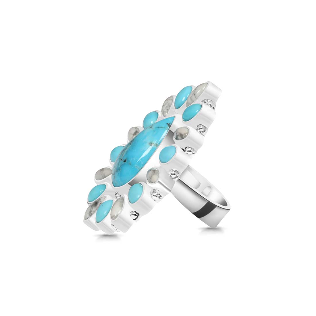 Turquoise and Howlite Flower Statement Adjustable Ring-(TRQ-FLR-15.)