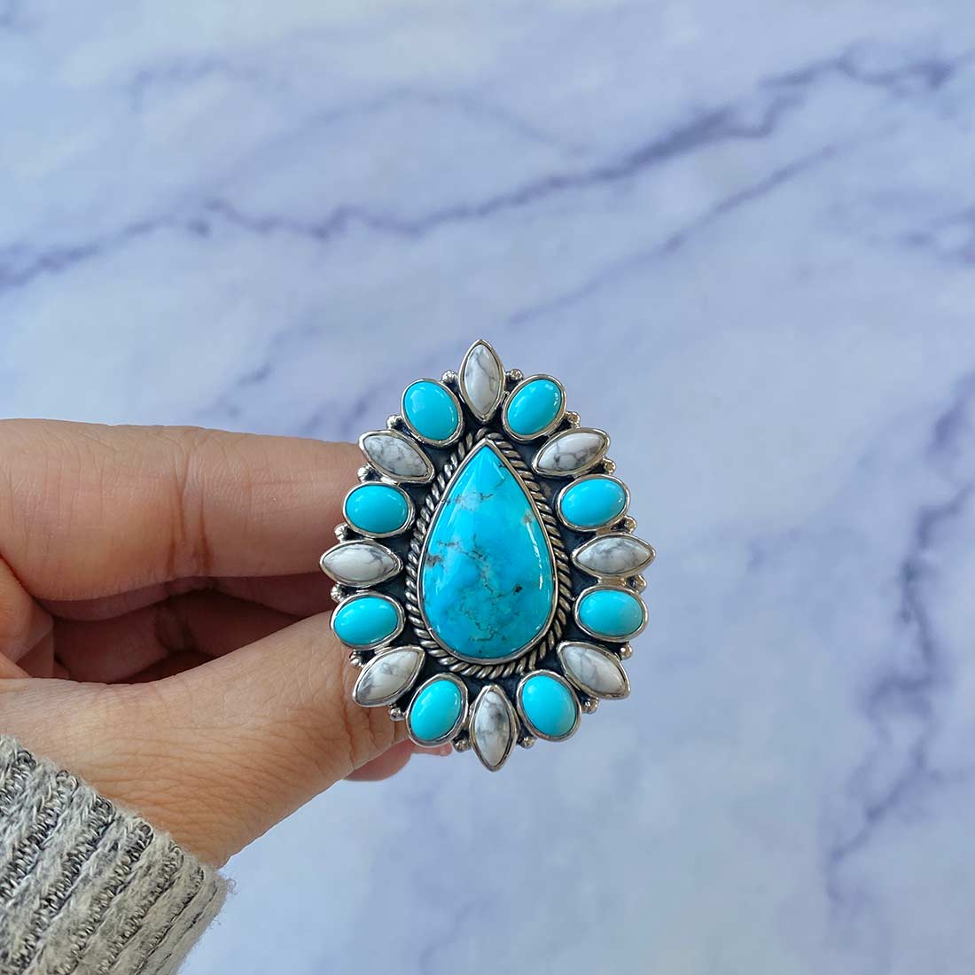 Turquoise and Howlite Flower Statement Adjustable Ring-(TRQ-FLR-15.)