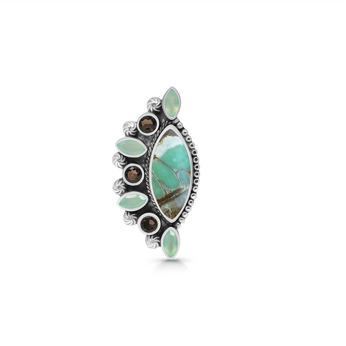 Variscite, Chalcedony And Smoky Flower Adjustable Ring-(VRC-CLS-5.)