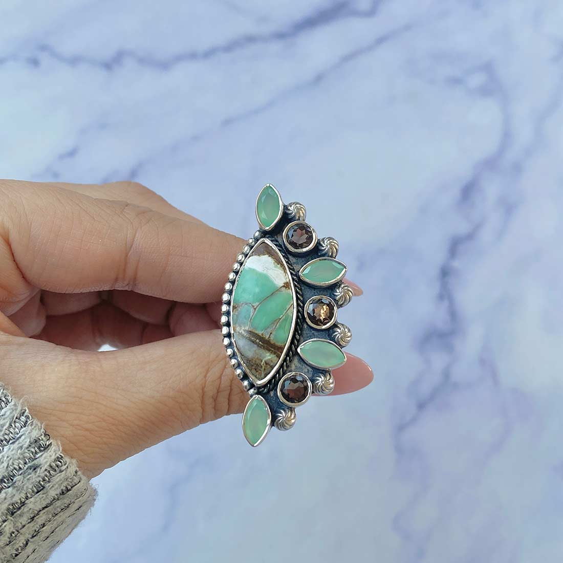 Variscite, Chalcedony And Smoky Flower Adjustable Ring-(VRC-CLS-5.)