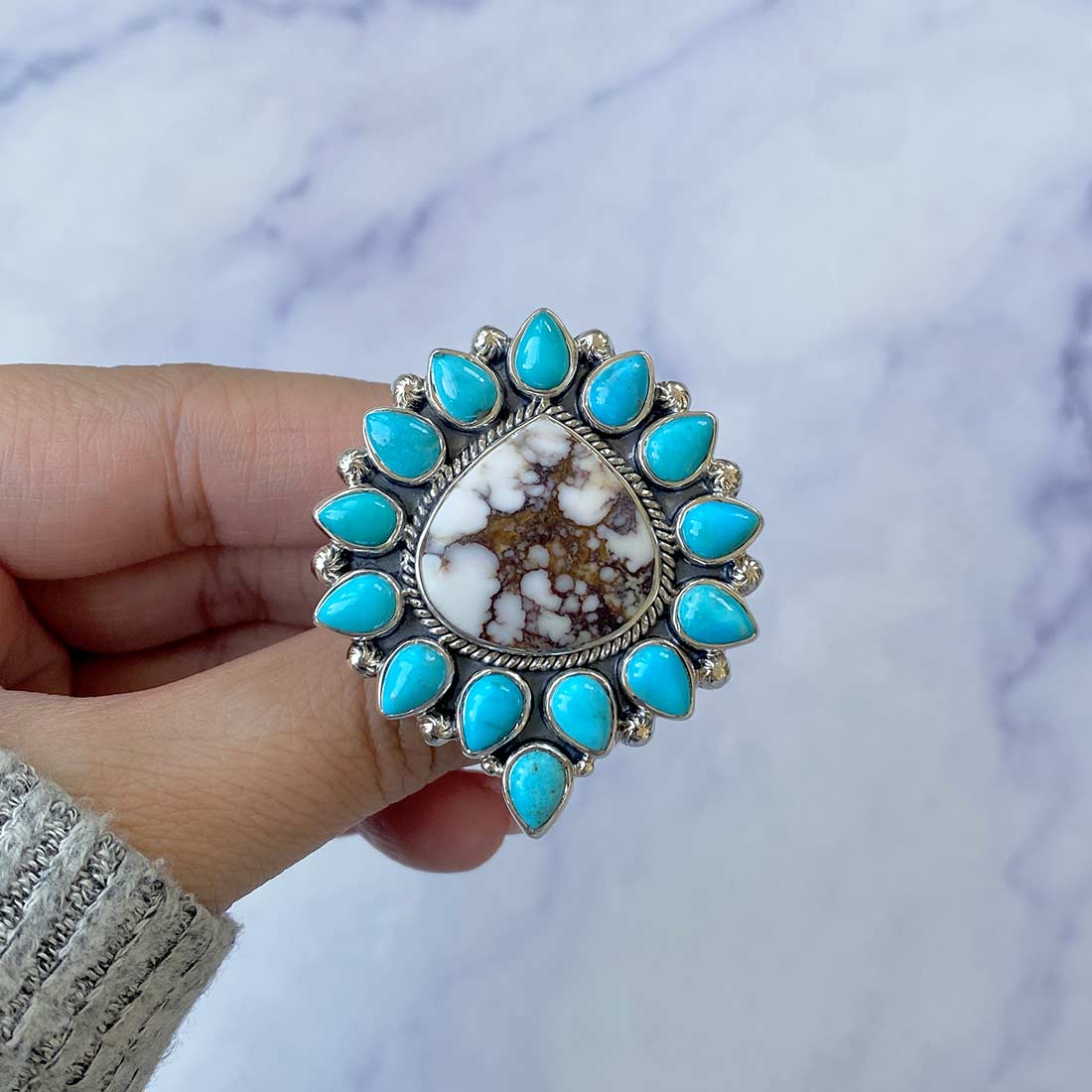 Wild Horse And Turquoise Flower Adjustable Ring-(WOJ-FLR-1.)